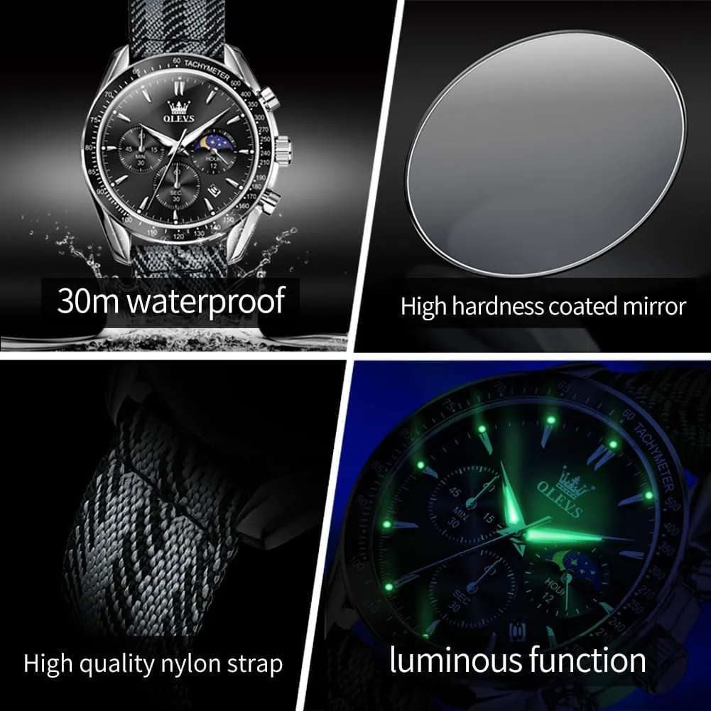 Quartz Watch Reloj para Hombre icon avenue athlete OLEVS Watches for Men Casual Luxury Large Face Multifunctional Chronograph Men's Watches Durable Silicone/Nylon Strap 30ATM Waterproof Men Watch Date Moon Phase Analog 