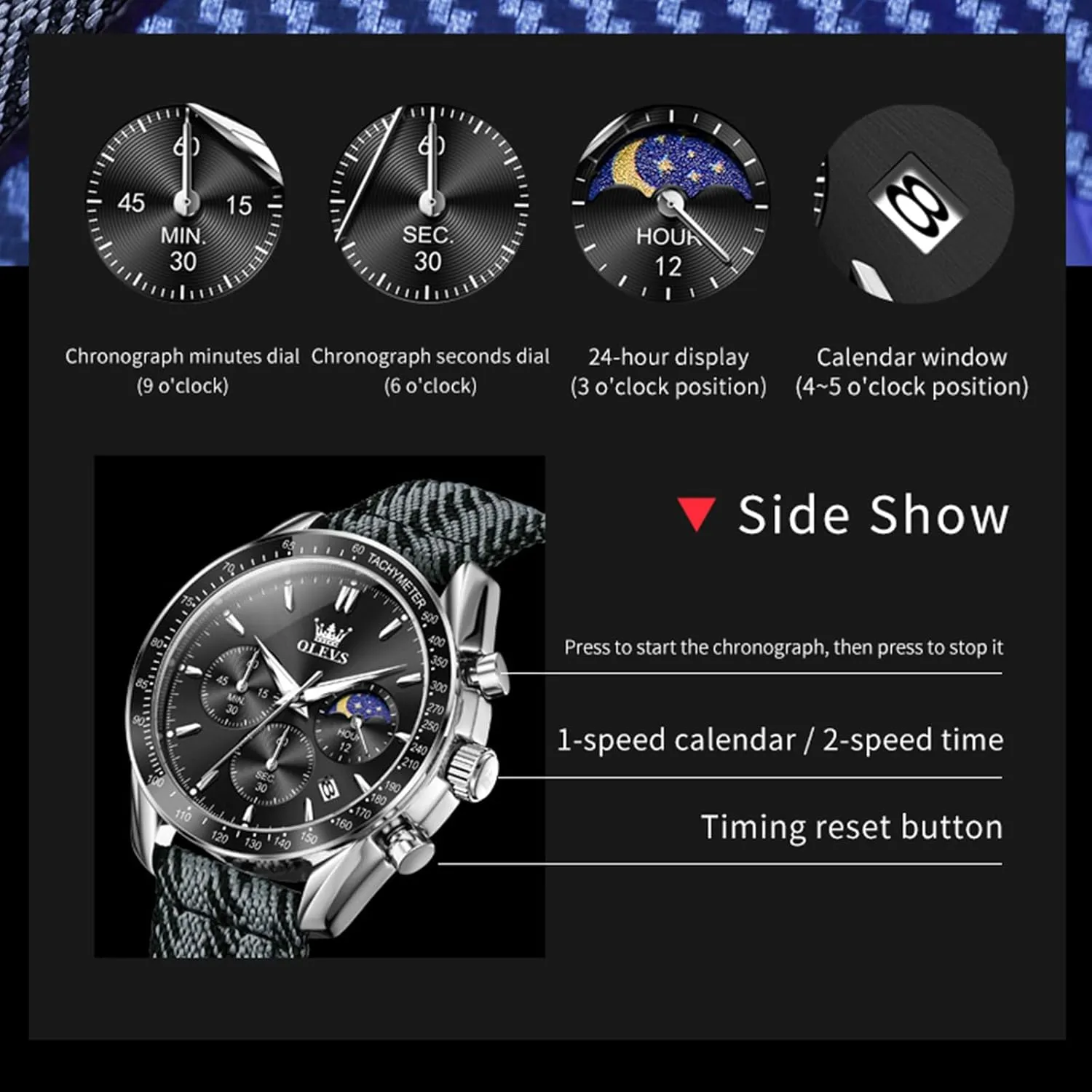 Quartz Watch Reloj para Hombre icon avenue athlete OLEVS Watches for Men Casual Luxury Large Face Multifunctional Chronograph Men's Watches Durable Silicone/Nylon Strap 30ATM Waterproof Men Watch Date Moon Phase Analog 