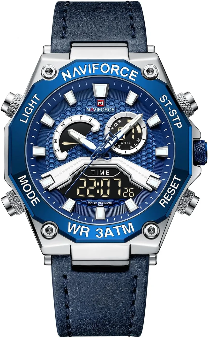 Quartz Watches Casual Chronograph arid mule Mediterranean recollection sour throng Backlight Military Wristwatches (Blue) NAVIFORCE Mens Sport Leather Analog-Digital Watch Waterproof Analog 