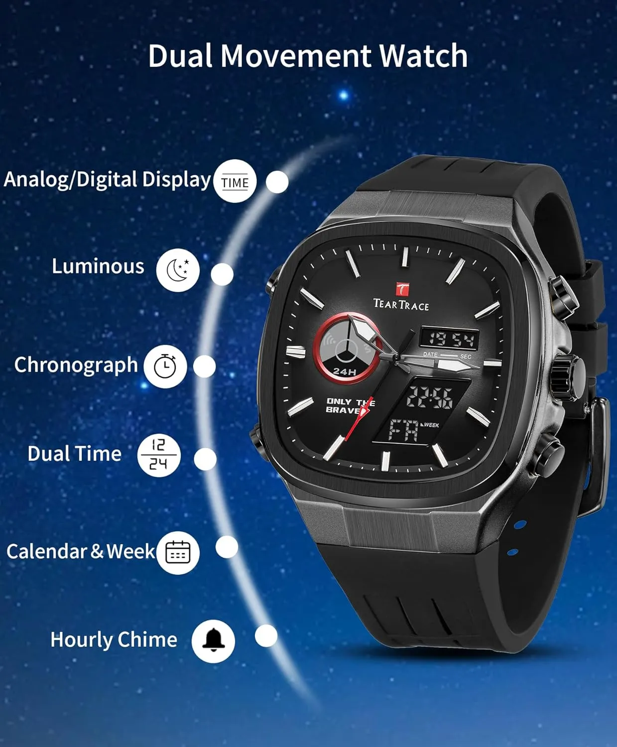 Quartz Waterproof Sport Watches for Men Chronograph Alarm Multifunctional Wrist mysteriously Watch with Silicone Strap Men??s Watches Analog Digital 