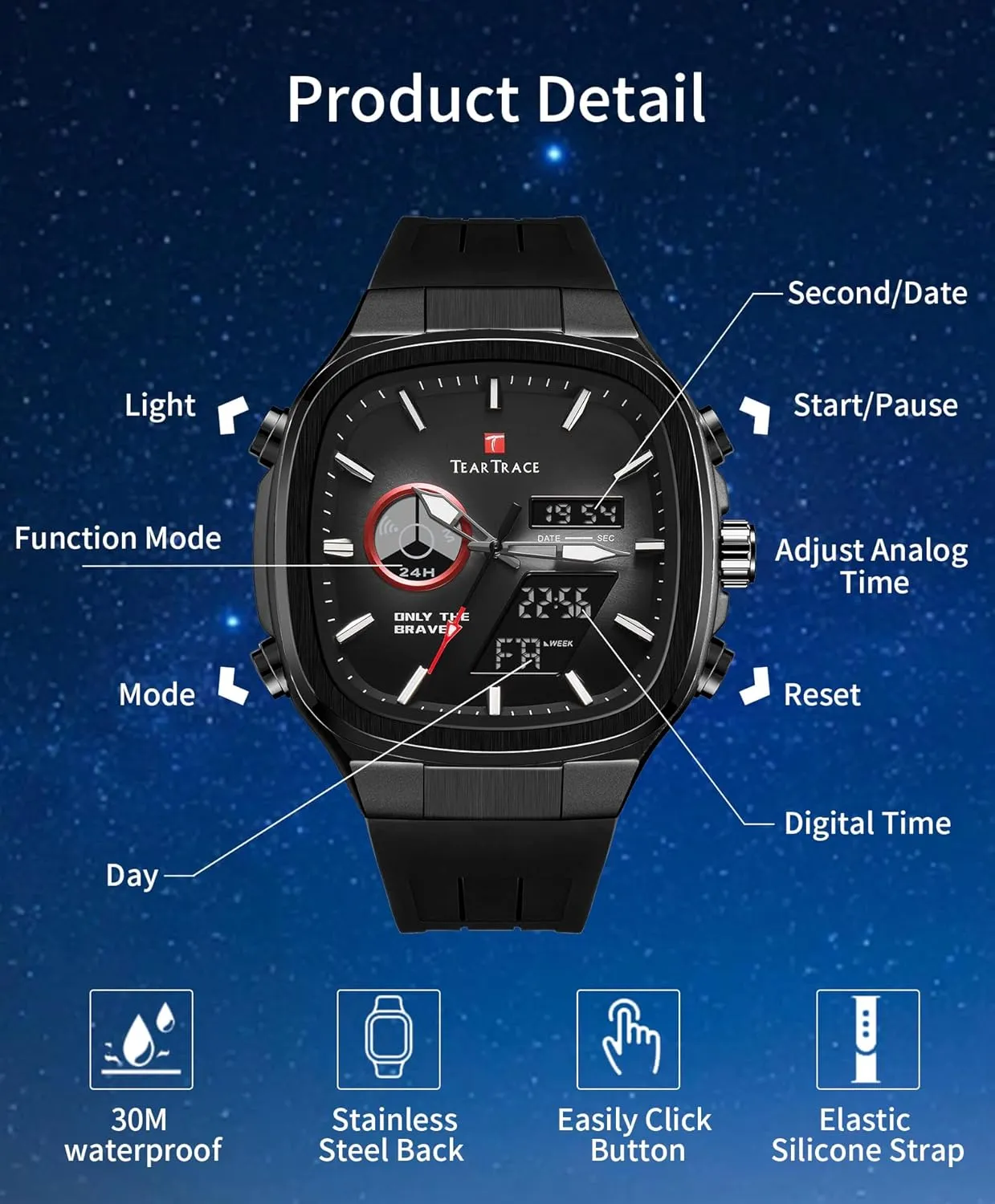 Quartz Waterproof Sport Watches for Men Chronograph Alarm Multifunctional Wrist mysteriously Watch with Silicone Strap Men??s Watches Analog Digital 