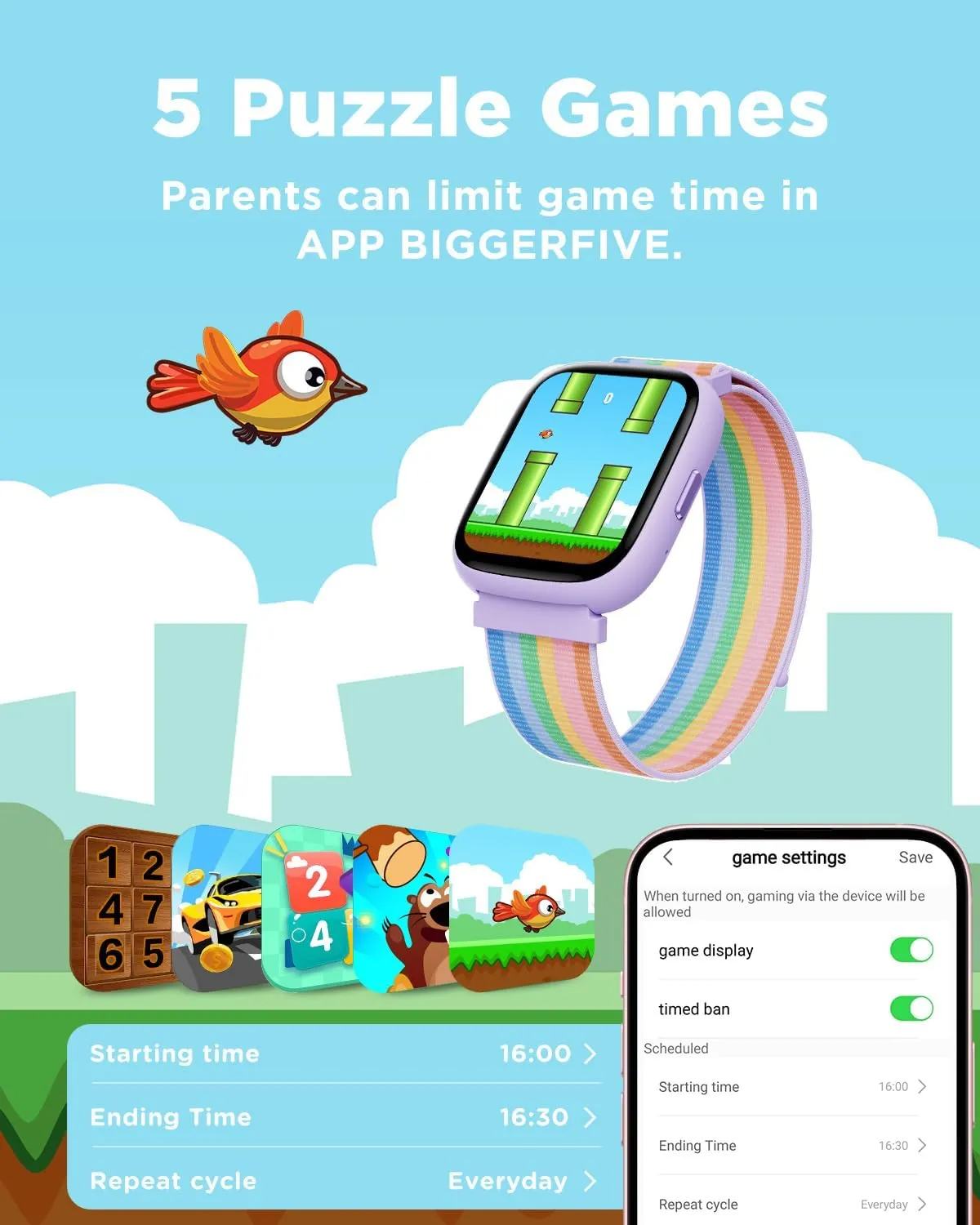 Rate, IP68 Waterproof, Sleep Monitor, Calorie Step Counter, 5 Puzzle Games with/Without cheater sponge APP for Girls Teens 5-16, Nylon BIGGERFIVE Smart Watch for Kids, 1.8" Fitness Tracker Watch Pedometer, Heart 