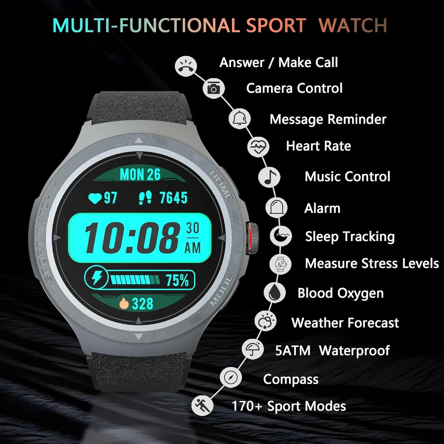Rate Monitor/Compass/Flashlight/GPS, rehearse crumple 1.43" Smartwatch with 170  Sport Modes,5ATM Waterproof Fitness Watch for Men & Women, Compatible iOS Android (Black) Military Smart Watch with Heart 