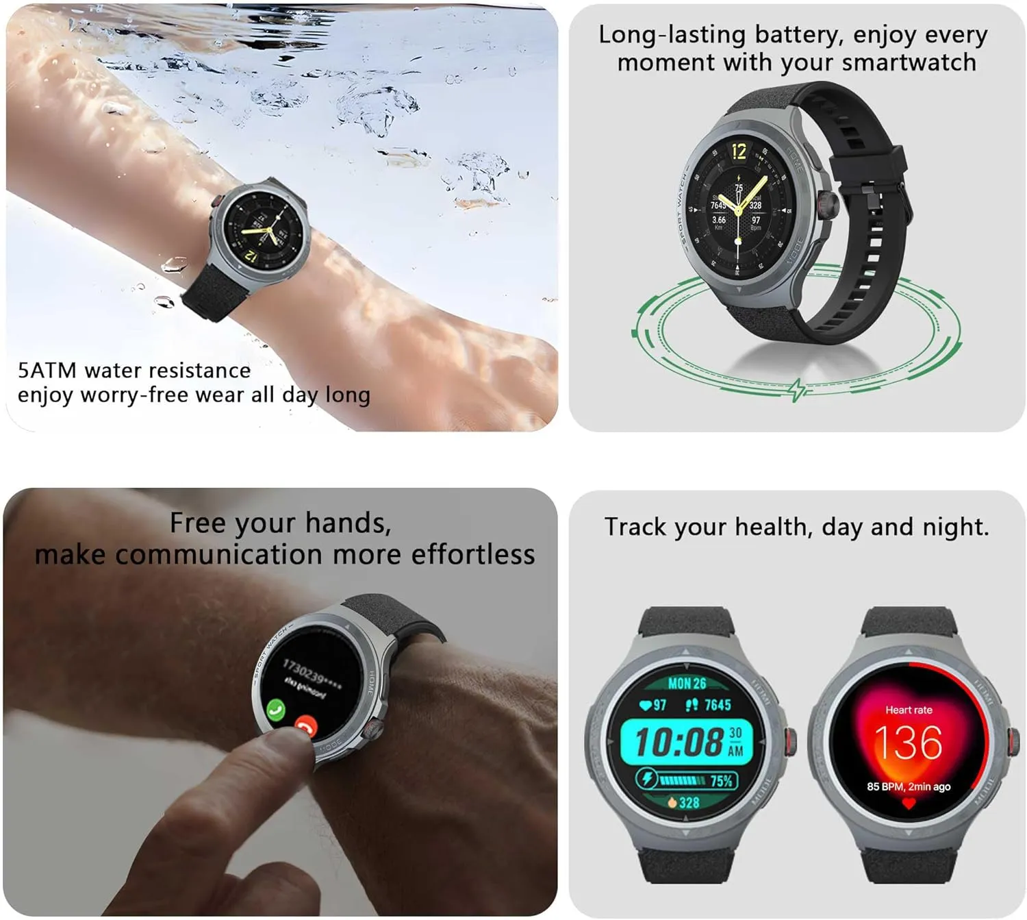 Rate Monitor/Compass/Flashlight/GPS, rehearse crumple 1.43" Smartwatch with 170  Sport Modes,5ATM Waterproof Fitness Watch for Men & Women, Compatible iOS Android (Black) Military Smart Watch with Heart 