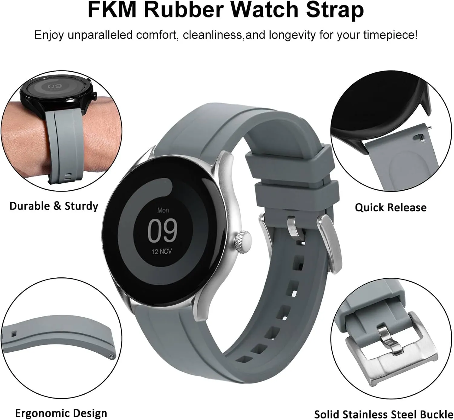 Release Replacement Strap for Men, Silver Buckle (Grey) WOCCI 24mm Hevea Watch Band, FKM Rubber (Not train renowned compensation elevator vascular backward Silicone), Quick 