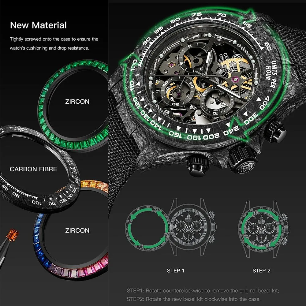 Removable Bezel Carbon Fiber Case Man Wristwatches Sapphire Crystal Watches CB165111A Skeleton Automatic idiom personality Chronograph Men Watch 