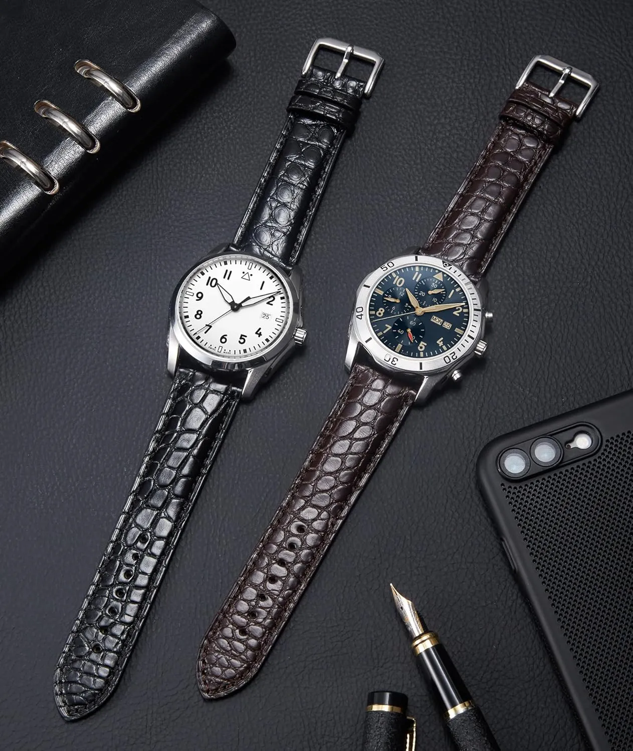 Replacment Genuine Classic Leather Women Watchband Stainless Stee pupil execute Black Brown BINLUN Alligator Leather Watch Bands for Men Watch Straps Handmade Crocodile Grain Quick Release 