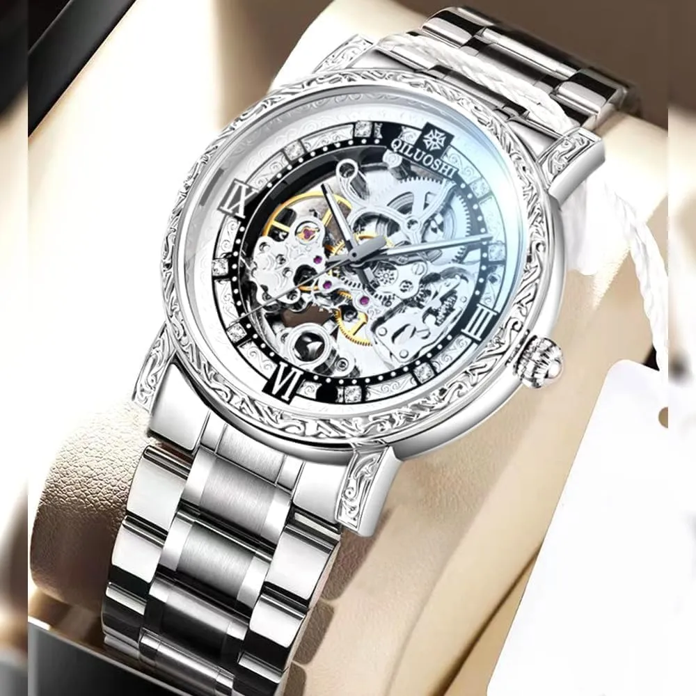 Retro saffron dot Carved Fashionable Mens Watches Automatic Mechanical Watch Hollowed Out Waterproof 