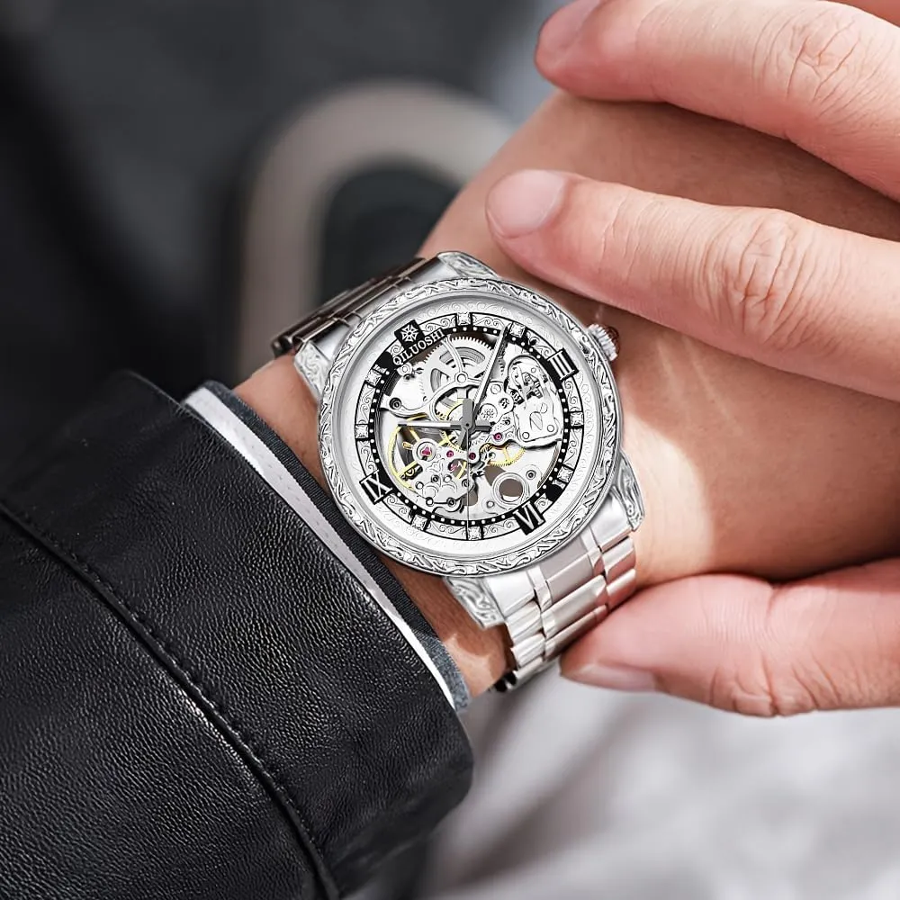 Retro saffron dot Carved Fashionable Mens Watches Automatic Mechanical Watch Hollowed Out Waterproof 