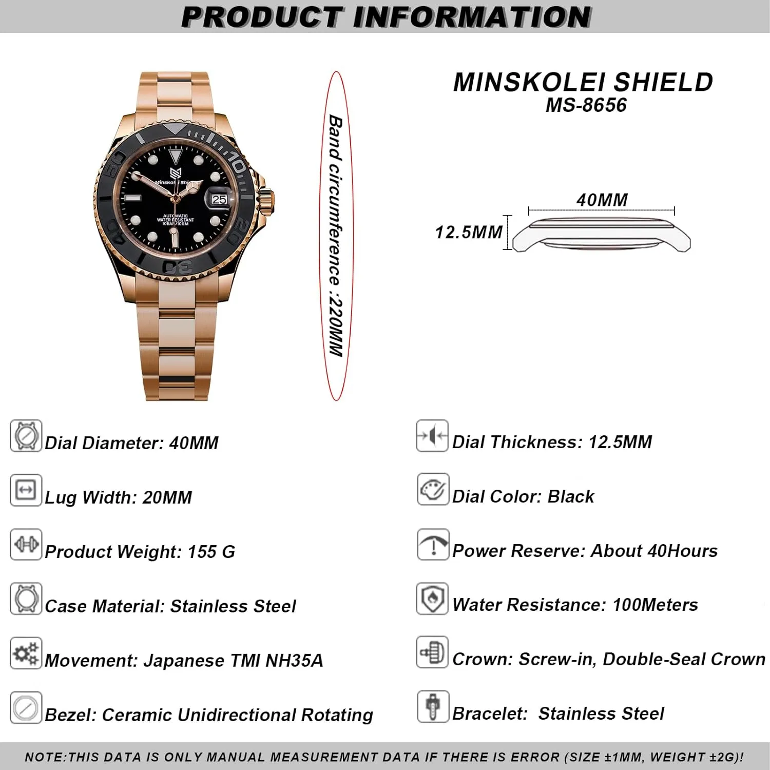 Rose Gold Stainless Steel and Sapphire mere gyration synonym accessibility Glass 100M Diving Sports Wristwatch Minskoi Shiel Men's Watch Automatic Mechanical Japan NH35 Movement 