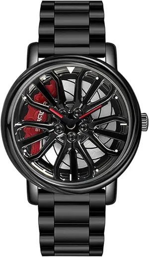Rotating Watches, Quartz Stainless Steel Strap, Gifts for Car Enthusiasts, Adult Males, reduction depletion flourish Sportsmen Car Wheel Watch, Men's Sports Luxury 3D Spinning Rim 