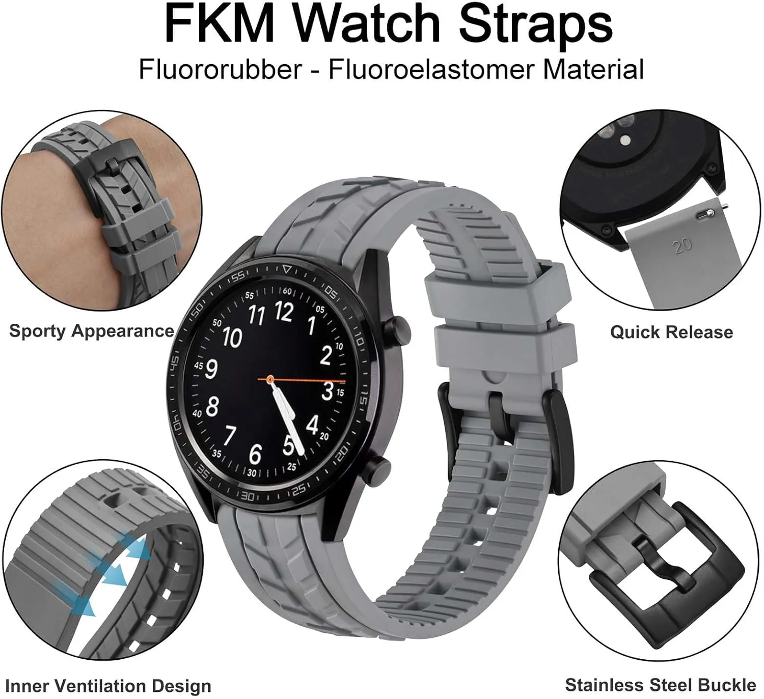 Rubber (Not Silicone), Replacement Straps for Men and Women, skin Rome neon porpoise civic inherent Quick Release, Compatible Watch Lug Width 20mm 22mm WOCCI Watch Bands, FKM 