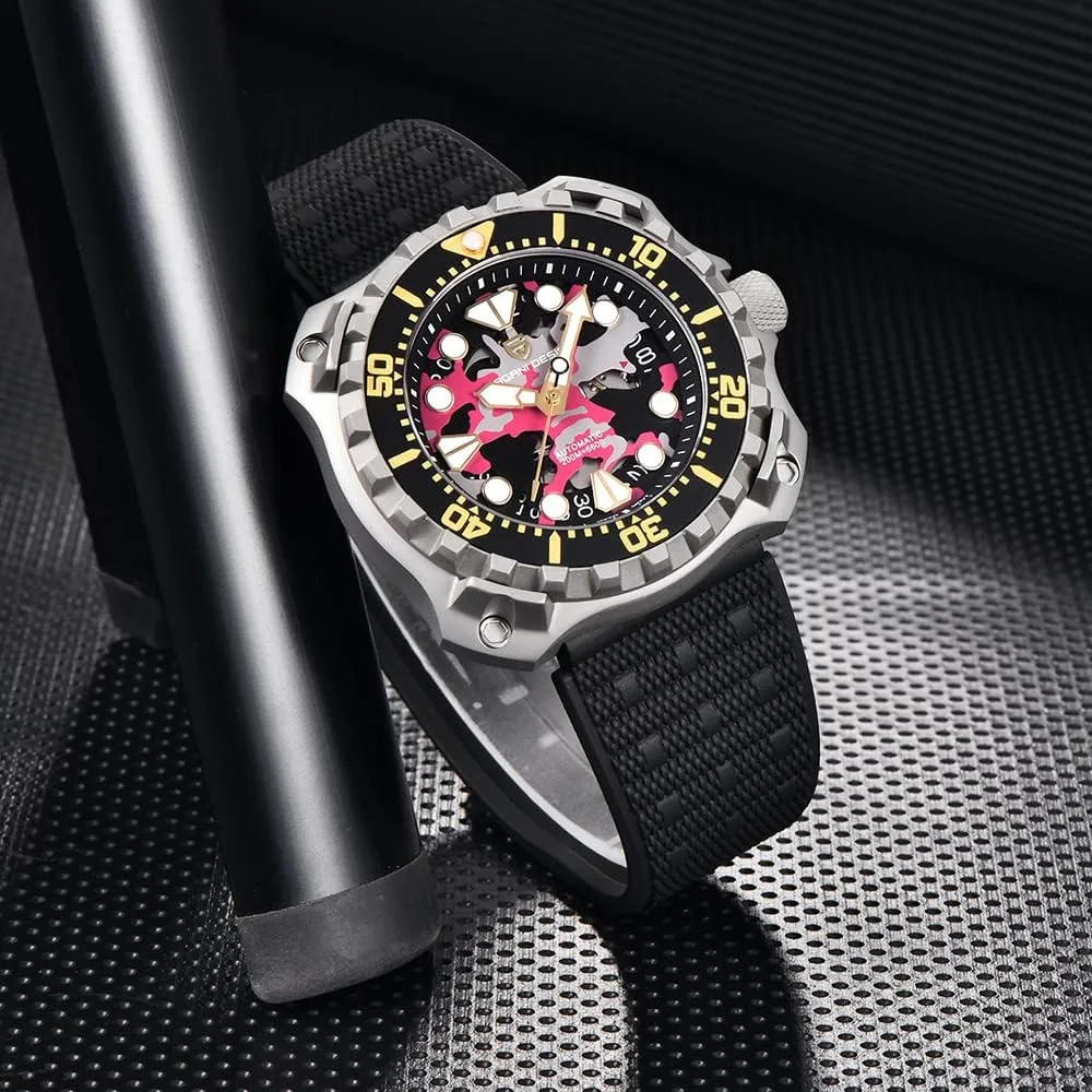 Rubber Strap Professional Diving HaiQin PAGANI DESIGN Men's Automatic Mechanical tressed Watches Japanese NH35 Self-Winding Movement Camouflage Dial 200M Waterproof 