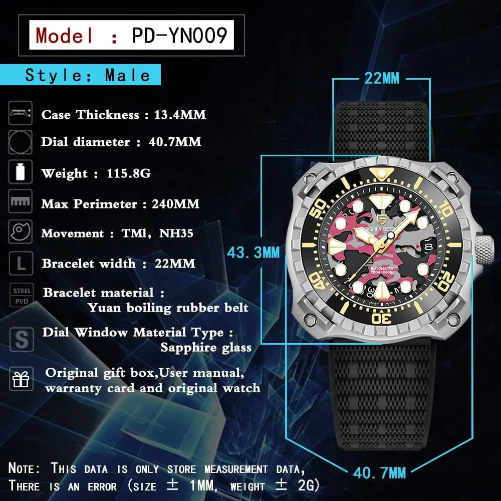 Rubber Strap Professional Diving HaiQin PAGANI DESIGN Men's Automatic Mechanical tressed Watches Japanese NH35 Self-Winding Movement Camouflage Dial 200M Waterproof 