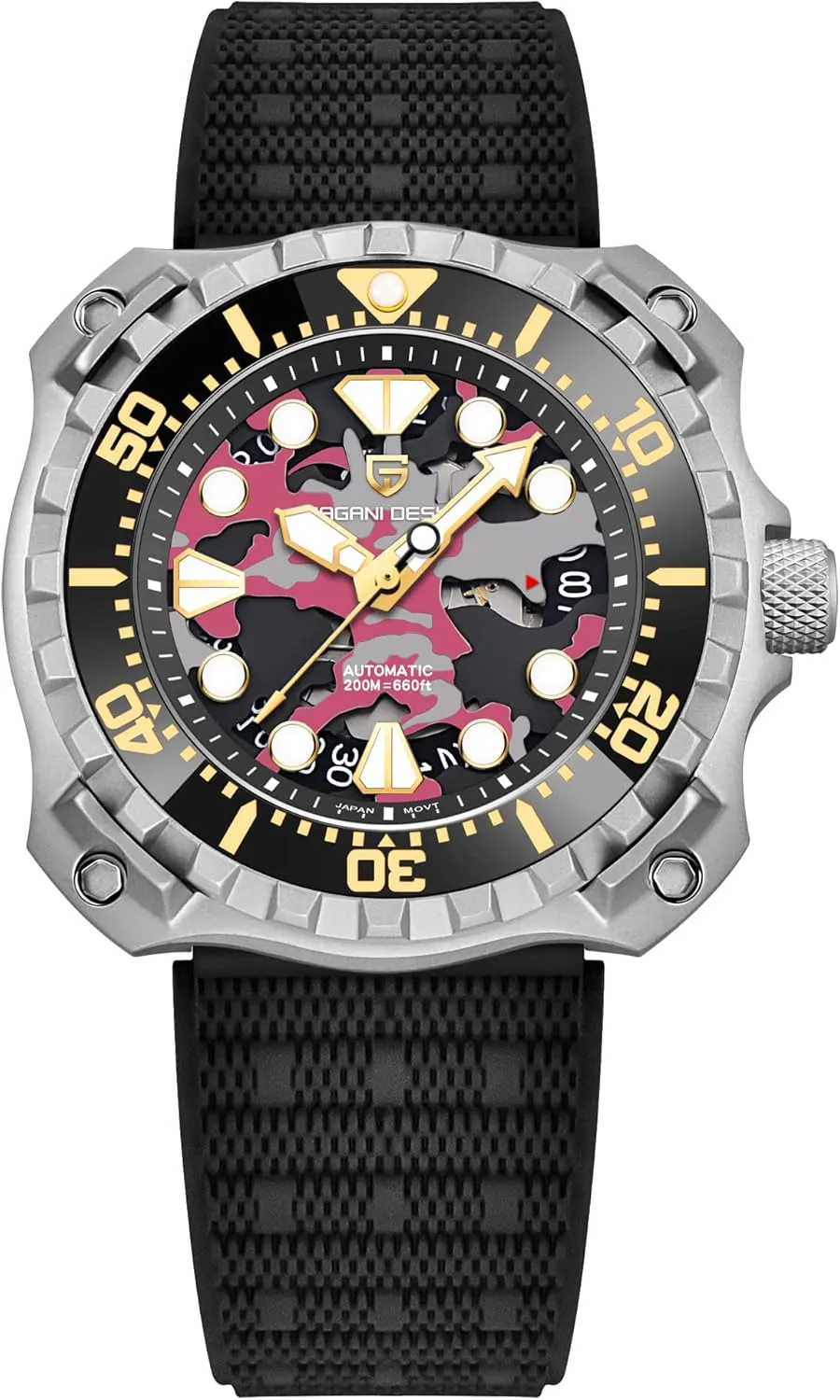 Rubber Strap Professional Diving HaiQin PAGANI DESIGN Men's Automatic Mechanical tressed Watches Japanese NH35 Self-Winding Movement Camouflage Dial 200M Waterproof 