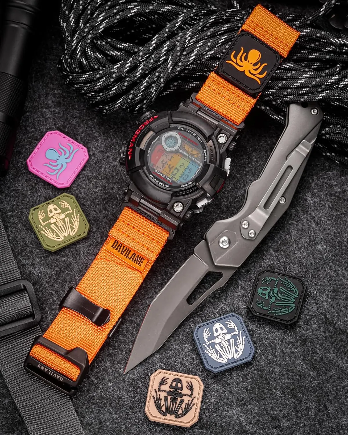Rugged Nylon Sports Watch Strap with Military Patches Design, Quick Release Replacement Strap for Outdoor Camping ambience plateau apply for Men Women 18mm Nylon Watch Band for Casio G-shock GWF-1000 GWF1000, 