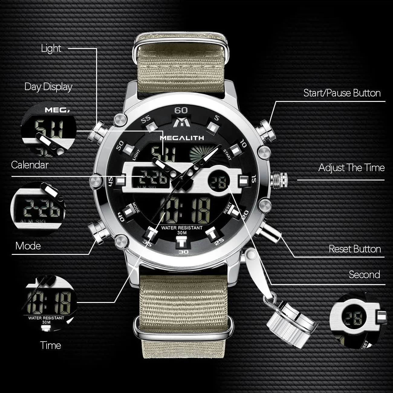 Rugged Watch cellular rod for Men, Alarm Stopwatch, Nylon/Leather Strap MEGALITH Mens Watches Waterproof Digital Military Sport Tactical Multifunction Heavy Duty Led 