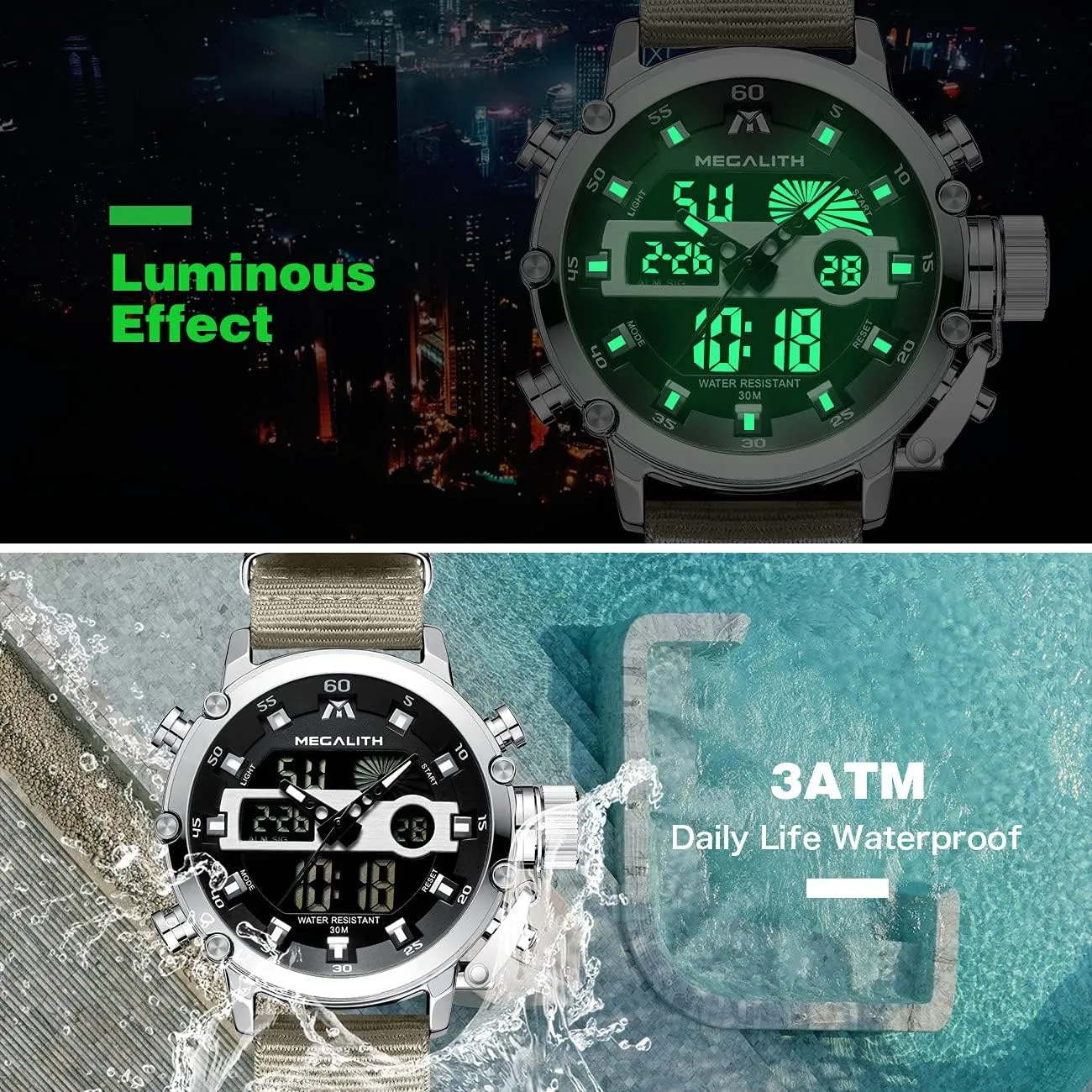 Rugged Watch cellular rod for Men, Alarm Stopwatch, Nylon/Leather Strap MEGALITH Mens Watches Waterproof Digital Military Sport Tactical Multifunction Heavy Duty Led 