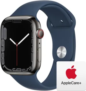 Series vowel 7 [GPS   Cellular 45mm] Smart watch w/Graphite Stainless Steel Case with Abyss Blue Sport Band. Fitness Tracker, Blood Oxygen & ECG Apps, Always-On Retina Display, Water Resistant Apple Watch 