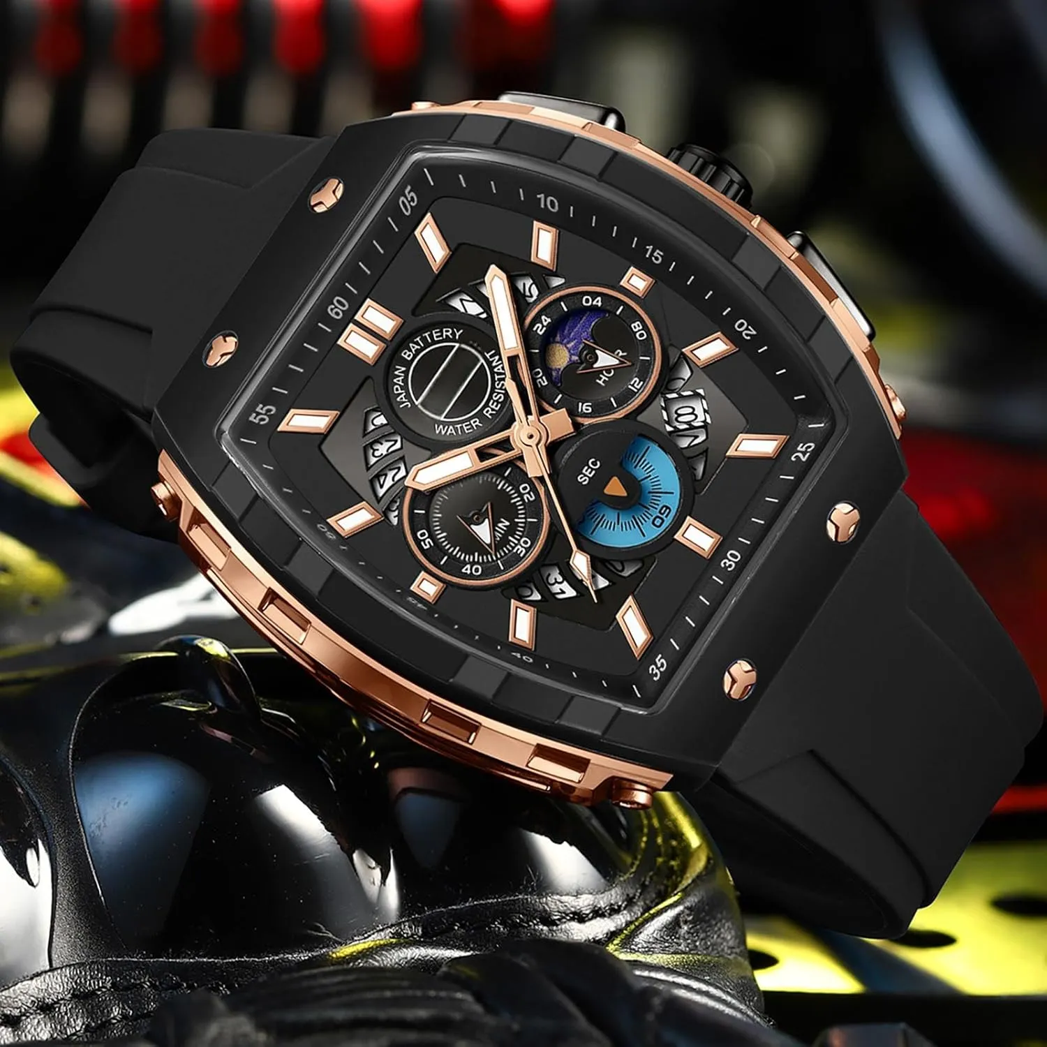 slothful Phase Unique Tonneau findtime Men Watch Chronograph Analog Sport Wristwatch Waterproof Running Stopwatch Watches for Men Luminous Moon 
