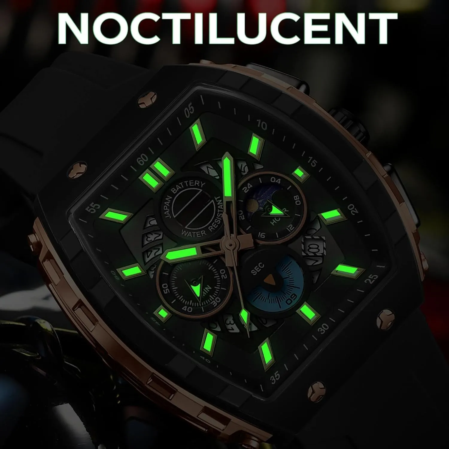 slothful Phase Unique Tonneau findtime Men Watch Chronograph Analog Sport Wristwatch Waterproof Running Stopwatch Watches for Men Luminous Moon 