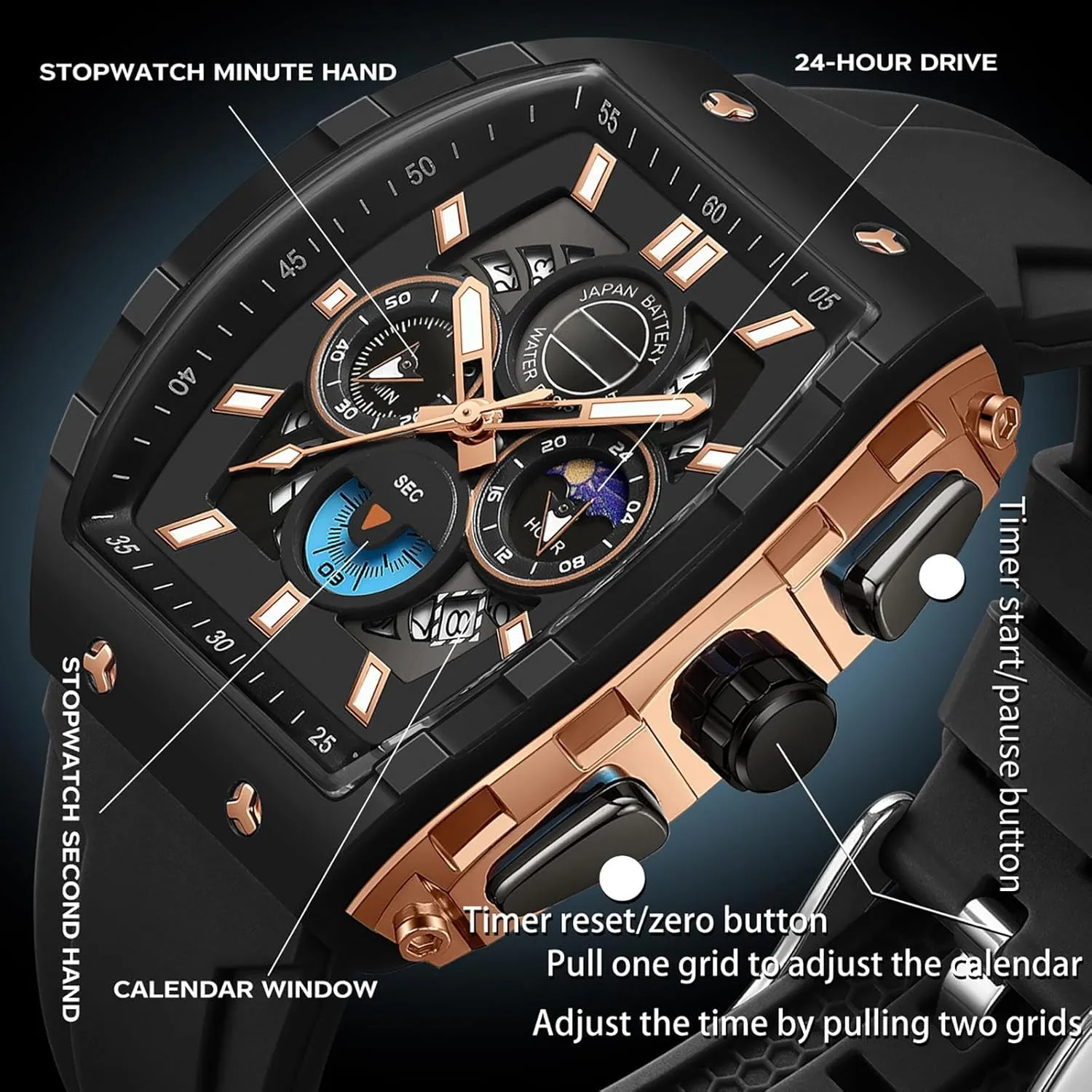 slothful Phase Unique Tonneau findtime Men Watch Chronograph Analog Sport Wristwatch Waterproof Running Stopwatch Watches for Men Luminous Moon 