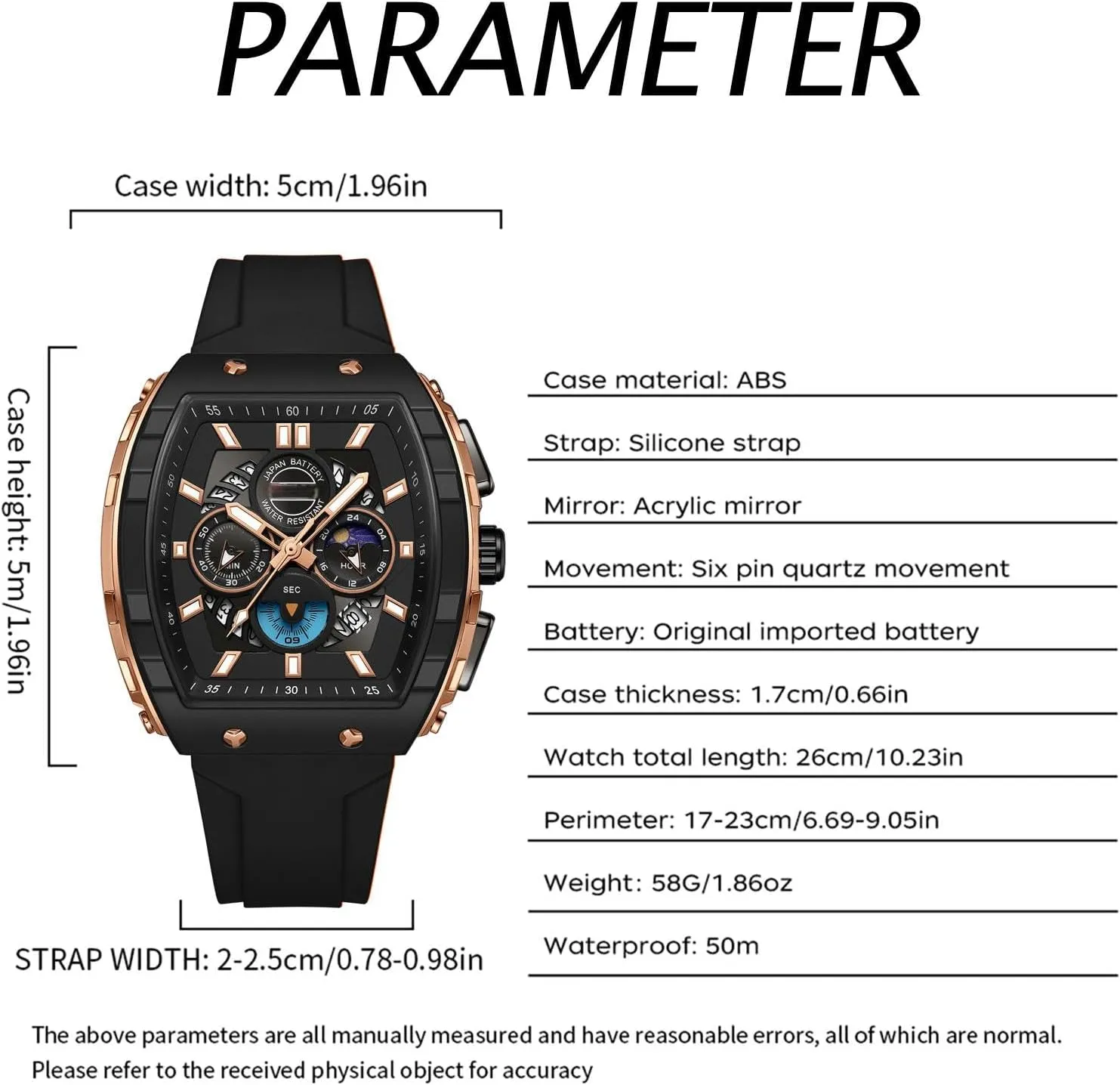 slothful Phase Unique Tonneau findtime Men Watch Chronograph Analog Sport Wristwatch Waterproof Running Stopwatch Watches for Men Luminous Moon 