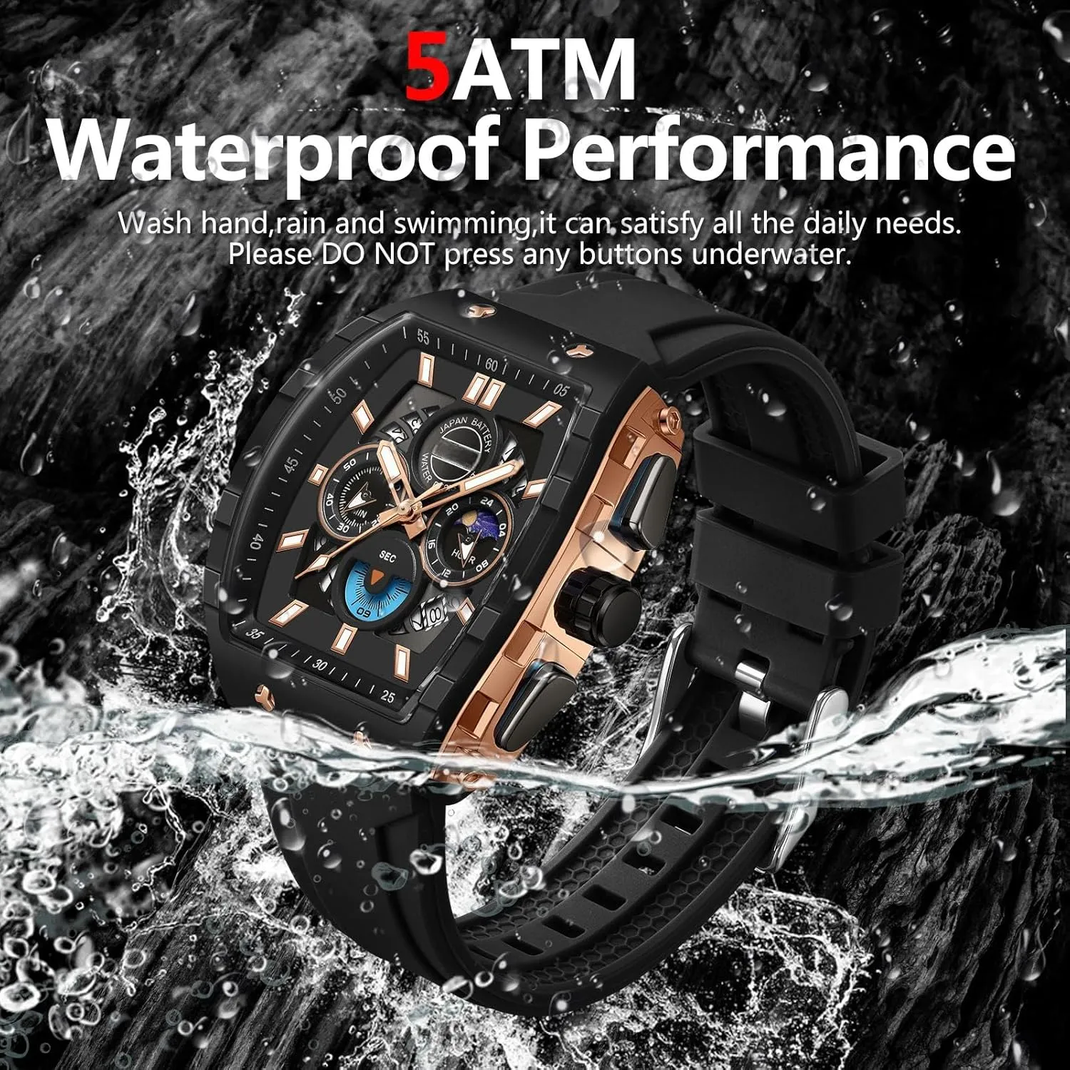 slothful Phase Unique Tonneau findtime Men Watch Chronograph Analog Sport Wristwatch Waterproof Running Stopwatch Watches for Men Luminous Moon 