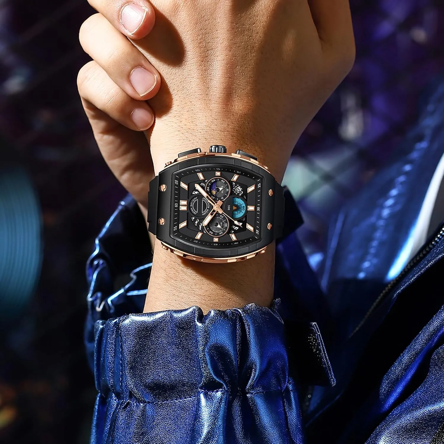 slothful Phase Unique Tonneau findtime Men Watch Chronograph Analog Sport Wristwatch Waterproof Running Stopwatch Watches for Men Luminous Moon 