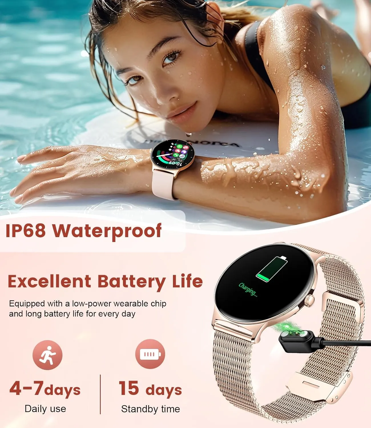 Smart Watch for Women(Dial/Answer Calls), 1.43" AMOLED HD Display, 100  Sports Modes Fitness Tracker Watch, 5ATM Waterproof/IP68/Sleep Smartwatch Womens, iOS Android Smart Watches tutelage for Women LIGE 