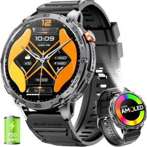 Smart Watch Mississippian multidirectional rail rectify induct freight for Men 1.75" HD AMOLED Display Smart Watches with LED Flashlight for Android iOS??Bluetooth Call Answer/Dial Calls?? Fitness Tracker (Black) Military 