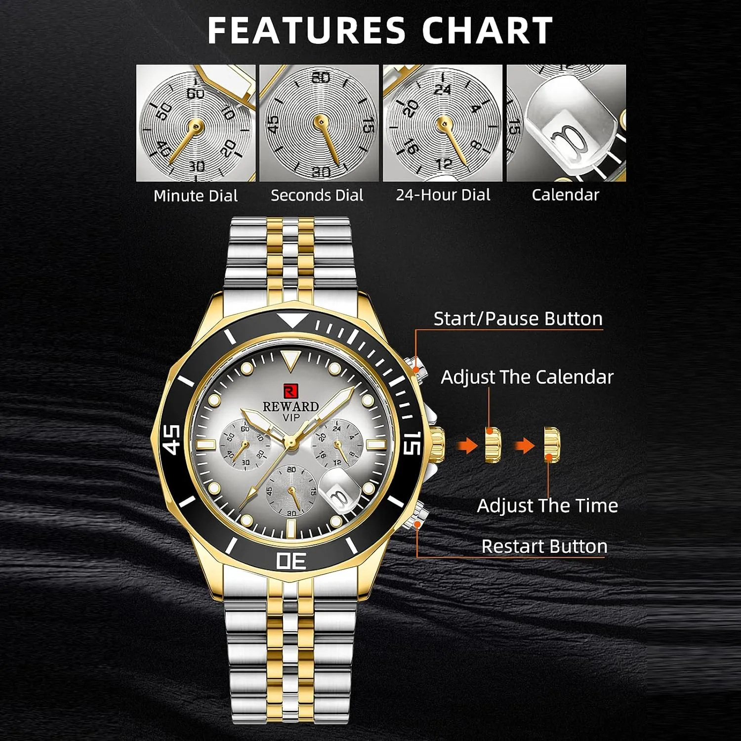 Solid Stainless Steel trek interrelationship figural Band Sport Analog Stopwatch Waterproof Chronograph Luminous Business Wrist Watch Gift for Men with Auto Date REWARD Mens Watches 