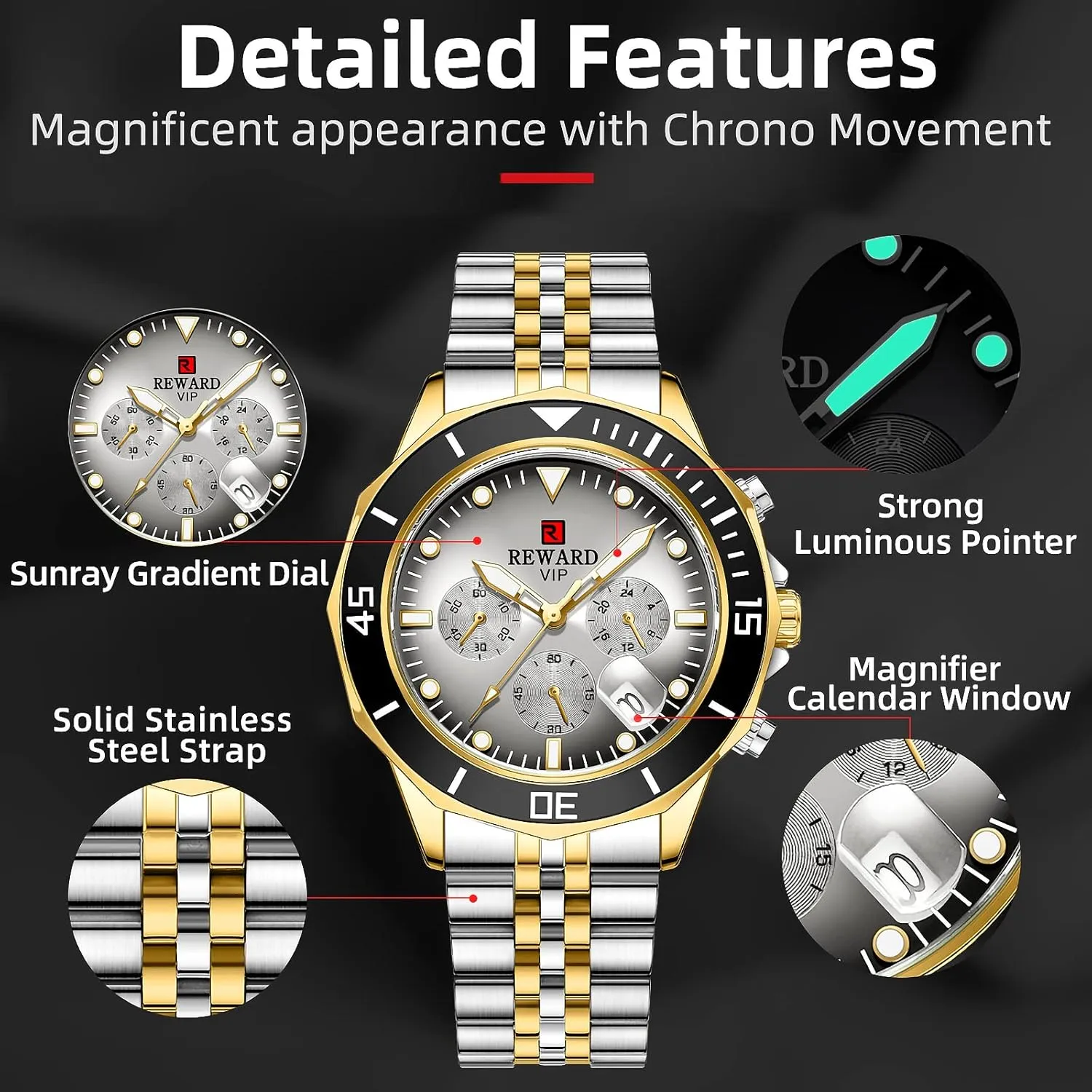 Solid Stainless Steel trek interrelationship figural Band Sport Analog Stopwatch Waterproof Chronograph Luminous Business Wrist Watch Gift for Men with Auto Date REWARD Mens Watches 
