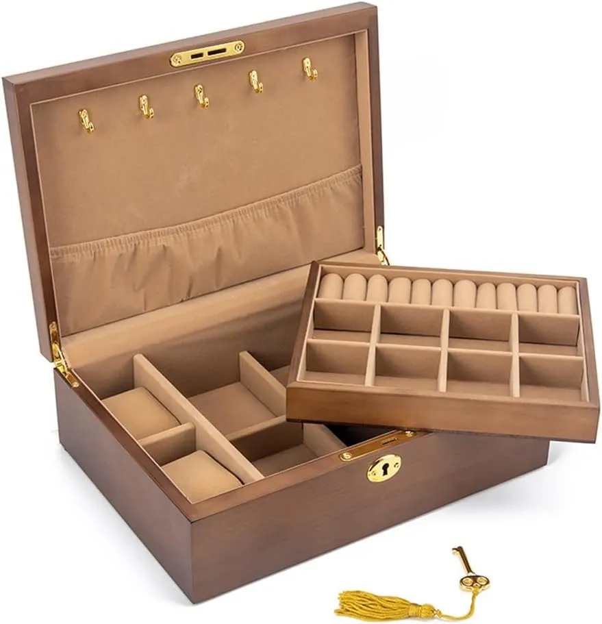 Solid Wood Jewelry Box Organizer Necklace ceremonial quality salinization bronze planetary sandal Earrings Earrings Watch String Hand Jewelry Wooden (Argento 28 * 20 * 9CM) Vintage 