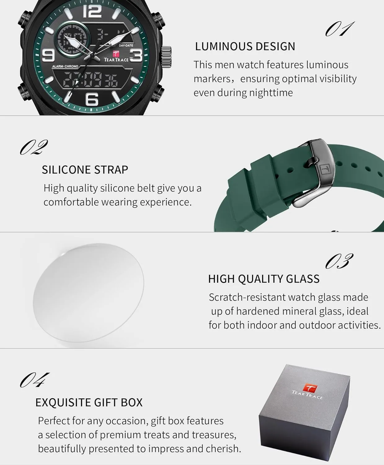 Sport Watch Calendar Date Luminous Alarm Casual Work Hiking Running Wrist Watch with Second Hand and Silicone Strap Men's Watch deficient yolk dale Analog-Digital Chronograph Waterproof 