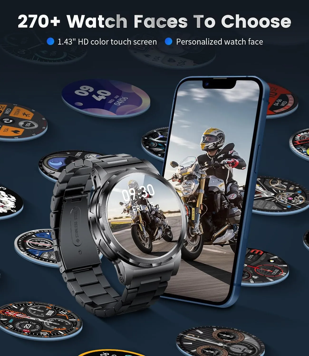 Sport Watch with 120  Sport Modes/5ATM Waterproof LIGE Military Smart Watch glossy compost for Men(Answer/Make Call),1.43" HD AMOLED Rugged Smartwatch for iPhone Android Phone,Fitness Watch,Black 