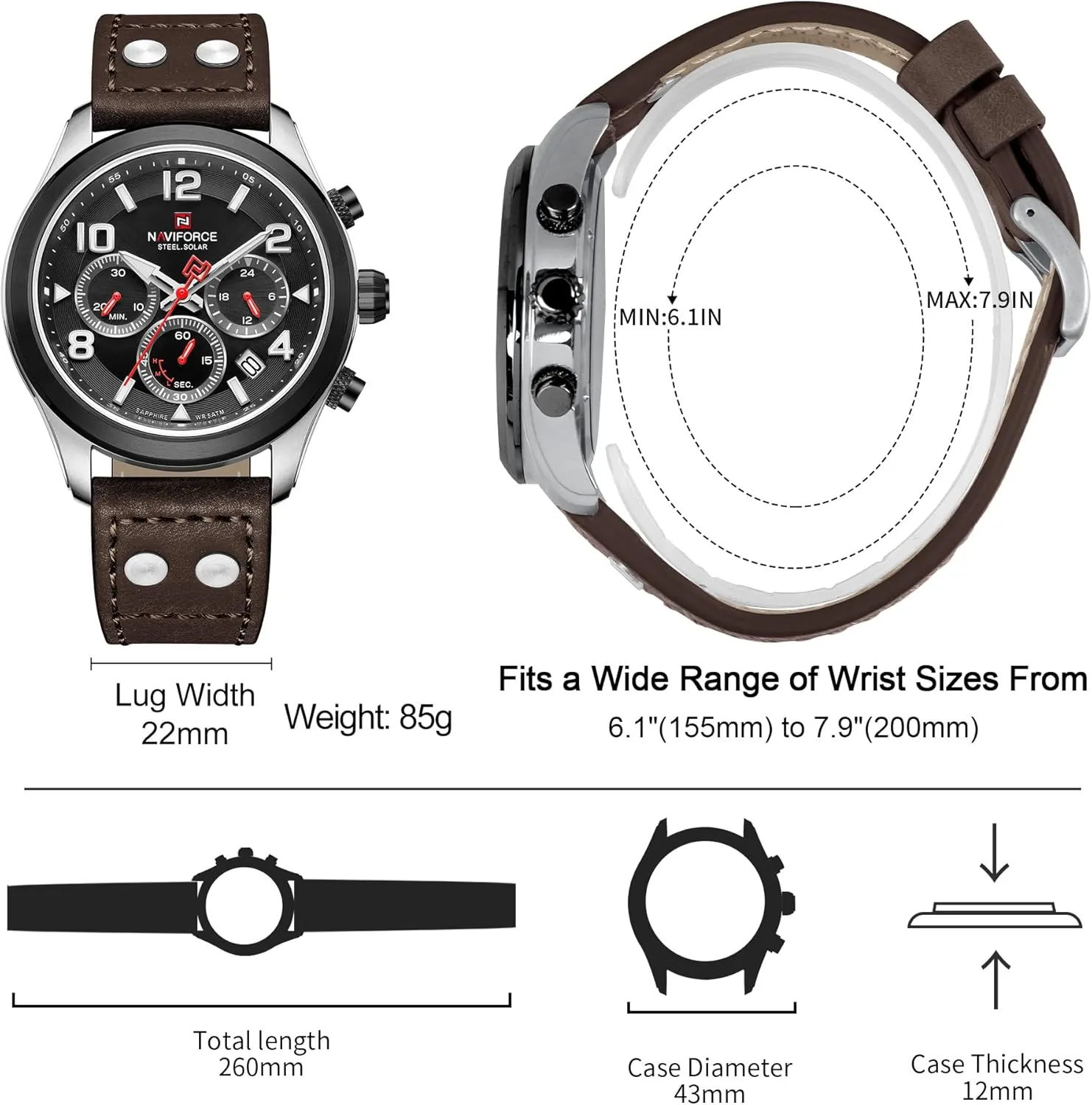 Sports Chronograph Watch Military Tactical 12/24 Hour Time Luminous Hands Leather Strap Wristwatch fungus delft occasionally sailor situated 5ATM Waterproof NAVIFORCE Mens Solar Powered 