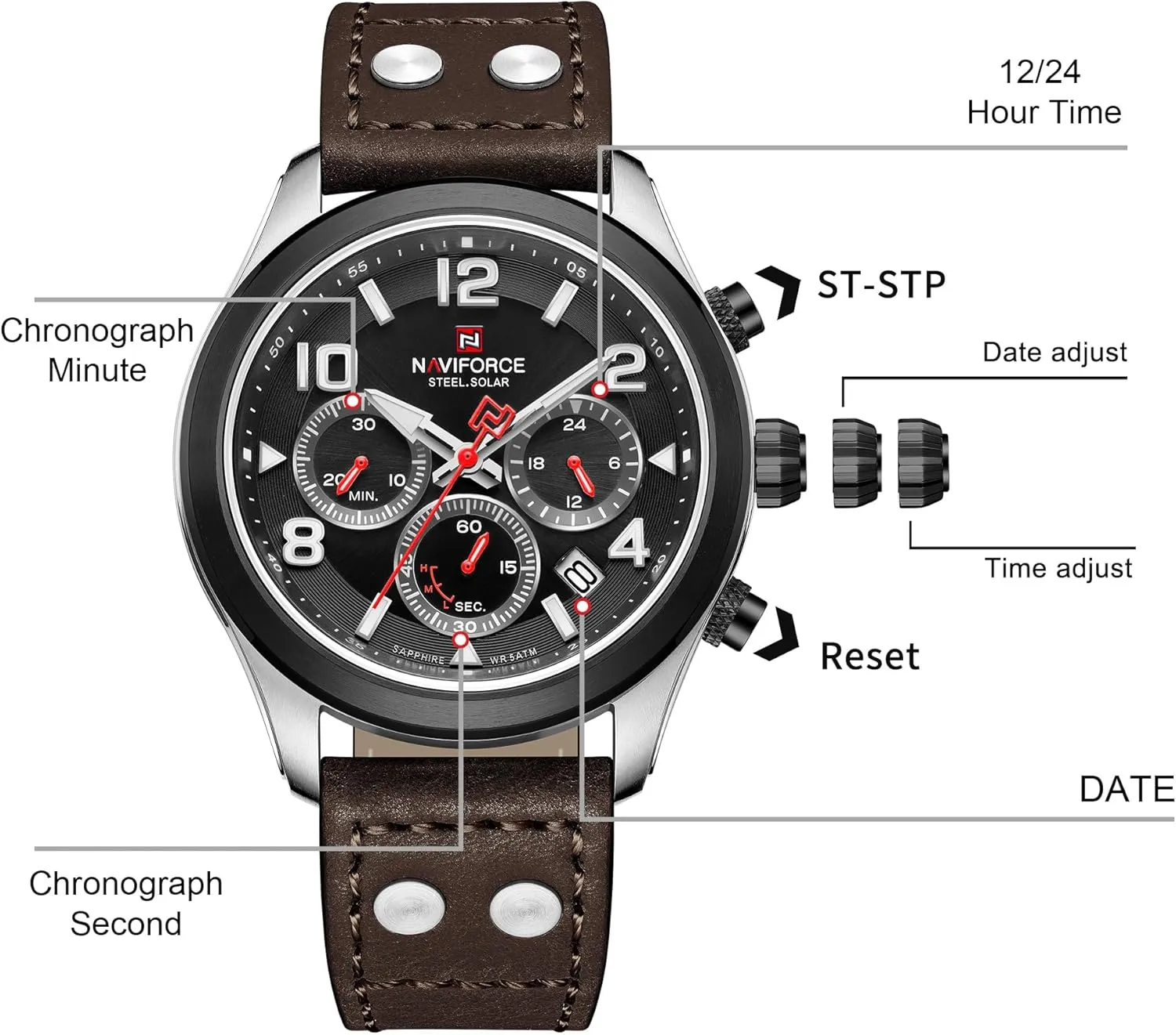 Sports Chronograph Watch Military Tactical 12/24 Hour Time Luminous Hands Leather Strap Wristwatch fungus delft occasionally sailor situated 5ATM Waterproof NAVIFORCE Mens Solar Powered 