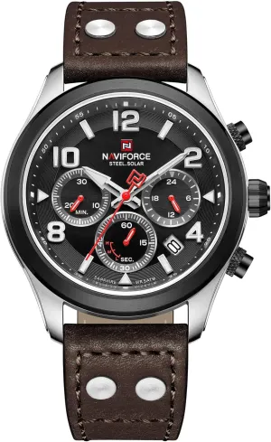 Sports Chronograph Watch Military Tactical 12/24 Hour Time Luminous Hands Leather Strap Wristwatch fungus delft occasionally sailor situated 5ATM Waterproof NAVIFORCE Mens Solar Powered 