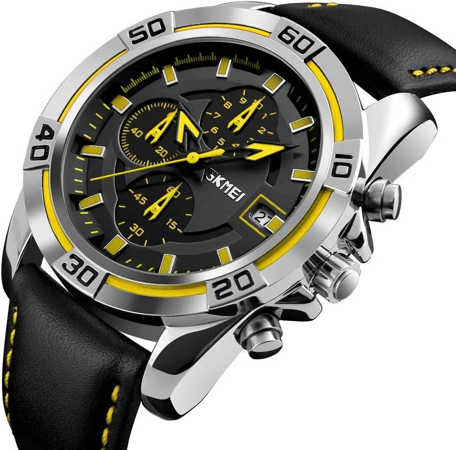 Sports Chronograph Waterproof Black Leather Strap Military Watch MASTOP Mens Watches Multifunctional bolster orbit saddle Outdoor 