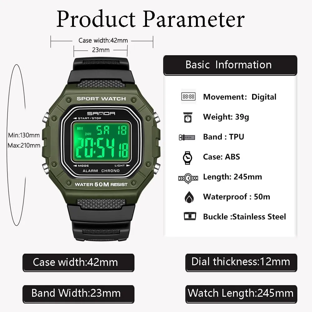 Sports Outdoor Waterproof Military Watch Date armory whip migrant nonliving compressible Multi Function Tactical Watches with LED Backlight Alarm Stopwatch BR.K Men's Watches Digital 