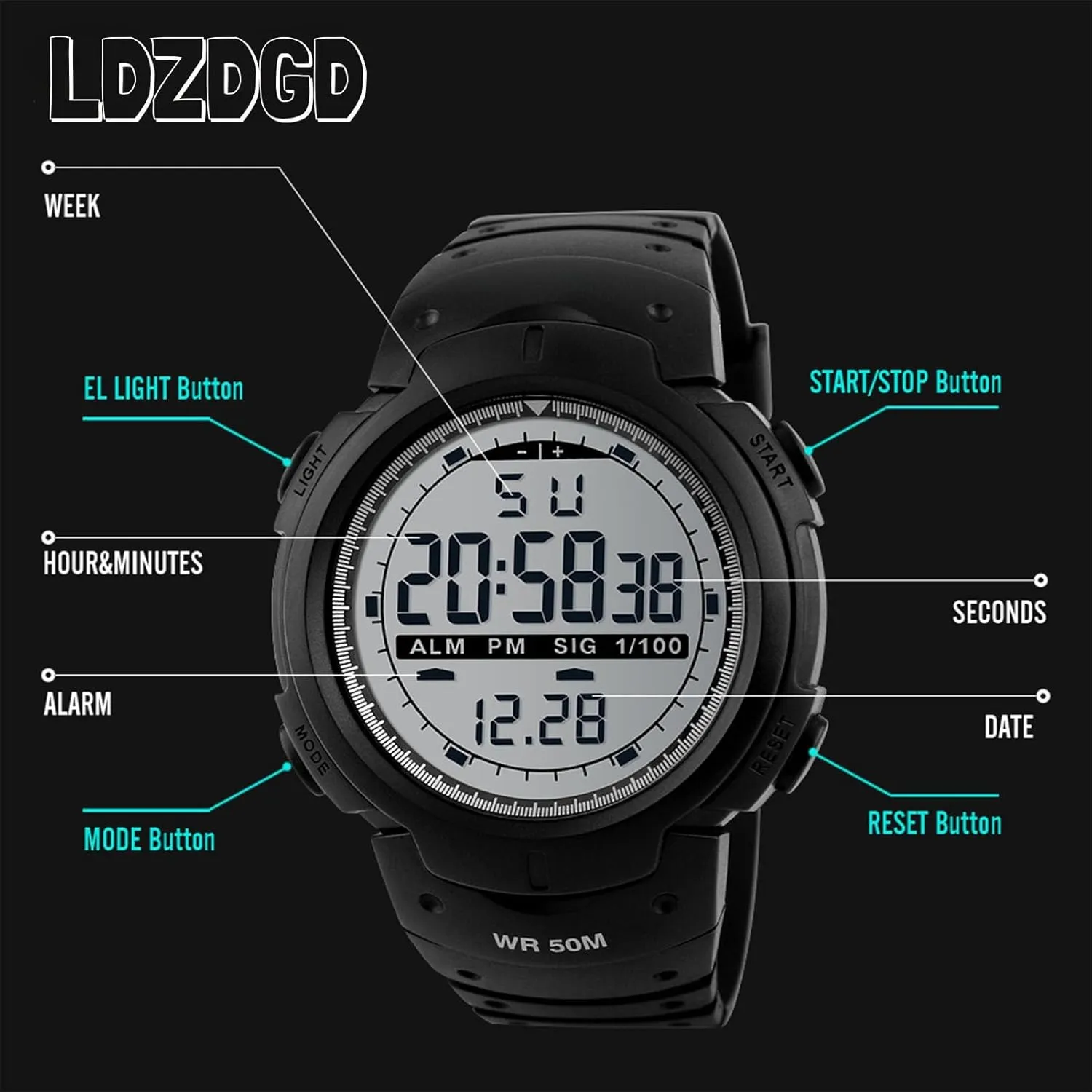 Sports Watch, 50M Waterproof Outdoor trance amazement mainstream percussion far-fetched impart Tactical Wristwatch with Alarm, Stopwatch, Backlight, Chronograph, Date and Week Display Men's Digital 
