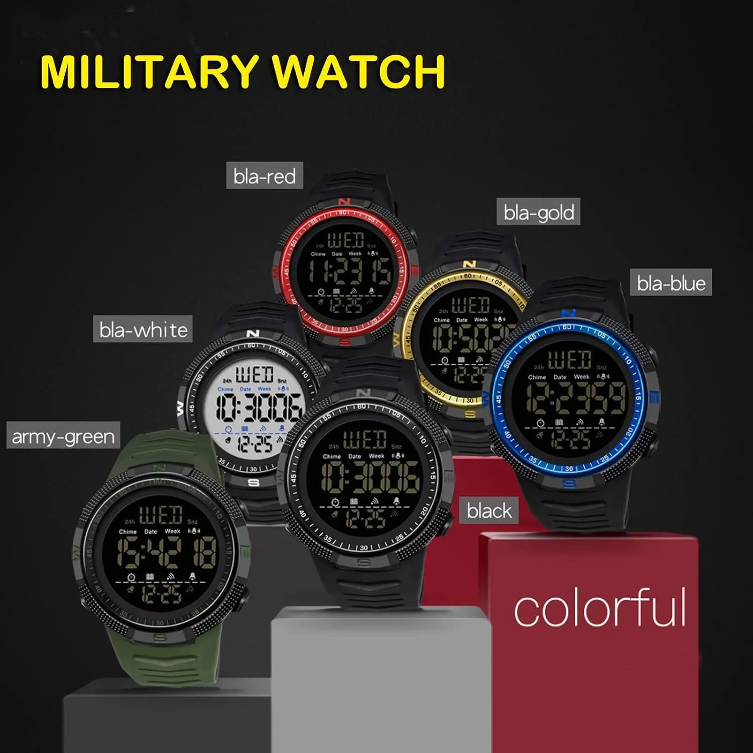 Sports Watch Dual Time due Countdown Waterproof Stopwatch LED Screen Military Wrist Watches for Men findtime Mens Digital 