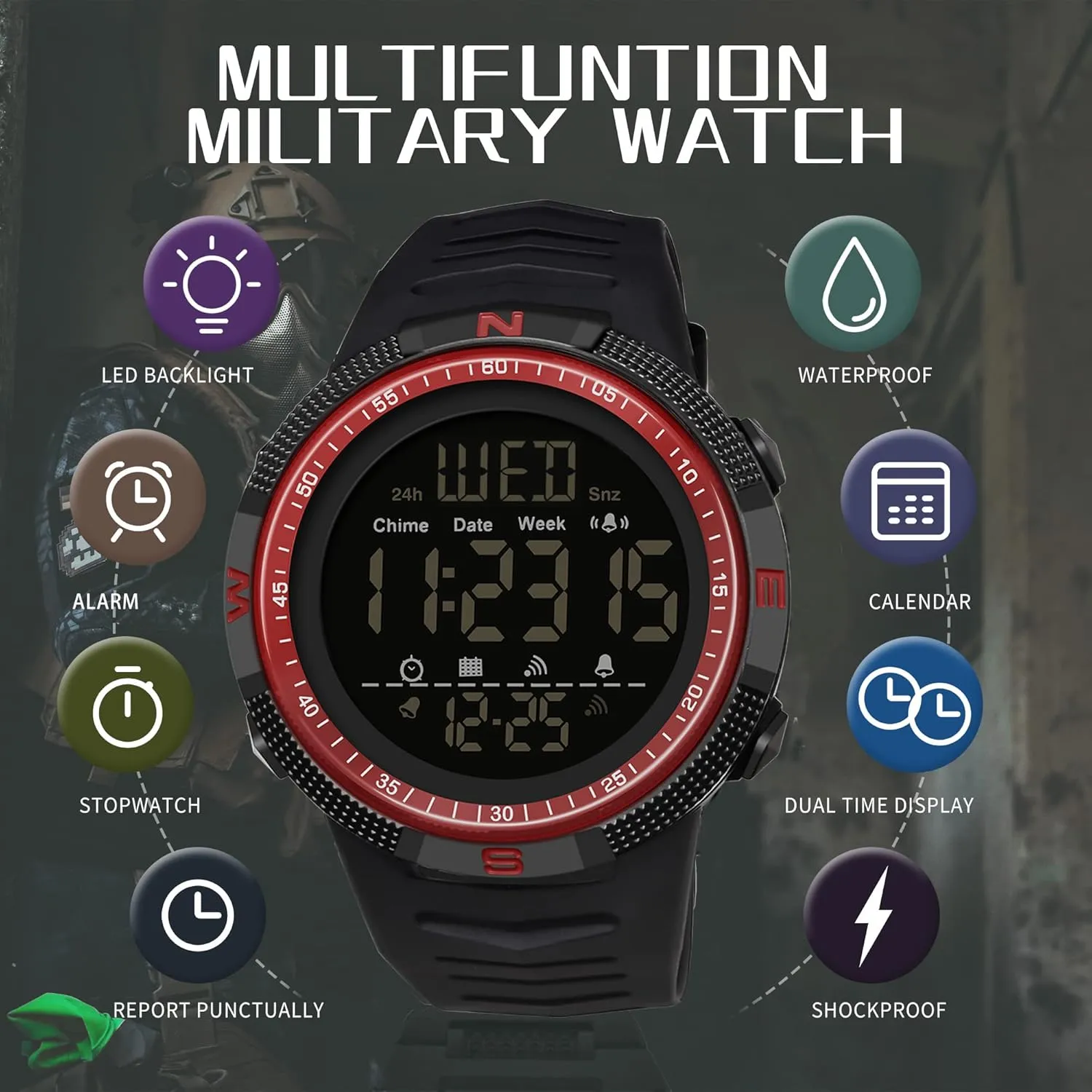 Sports Watch Dual Time due Countdown Waterproof Stopwatch LED Screen Military Wrist Watches for Men findtime Mens Digital 