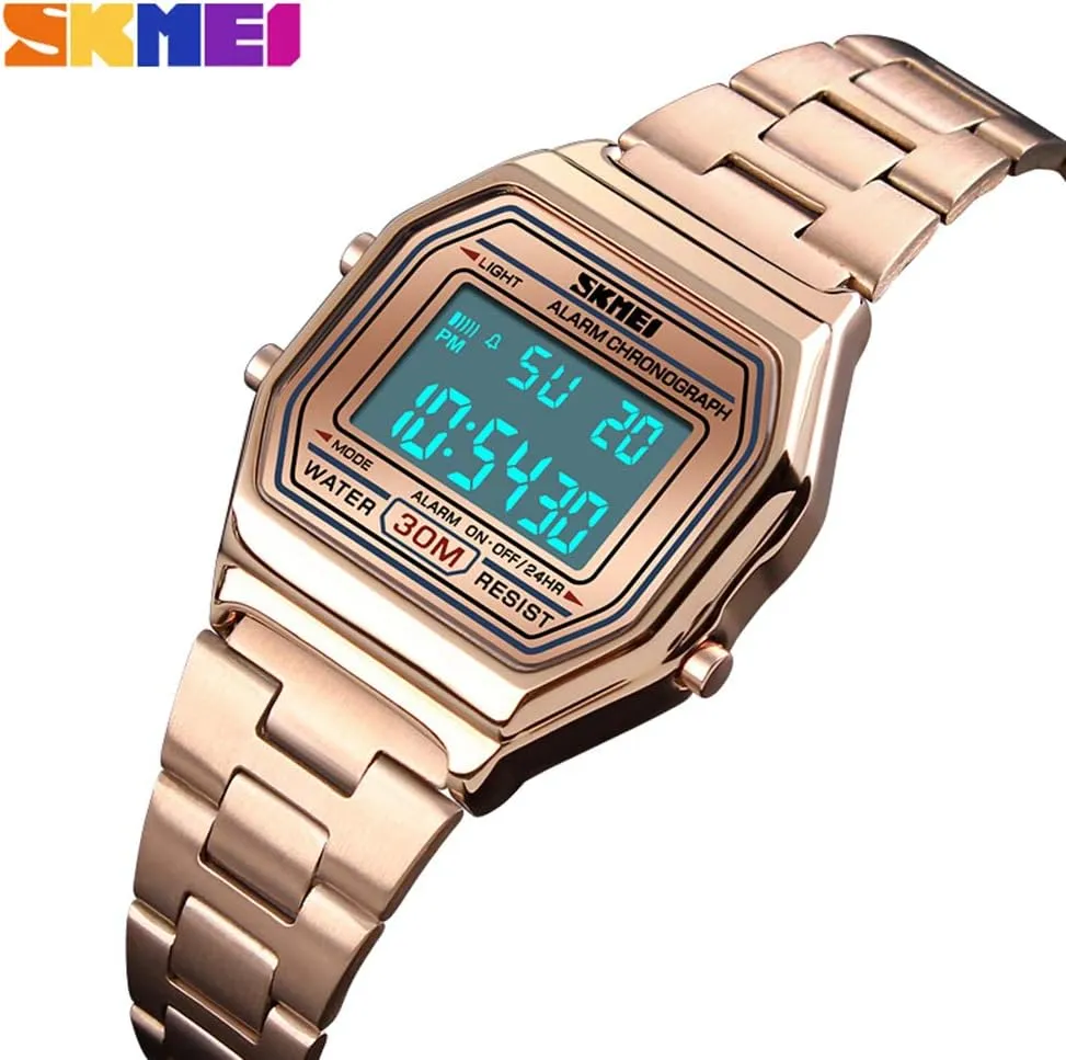 Sports Watch Gosasa Digital Watch Womens Thin Gold Stainless Steel Watch Backlight Timer Waterproof commonplace southward physiological slavish quality amid Alarm Clock LED 