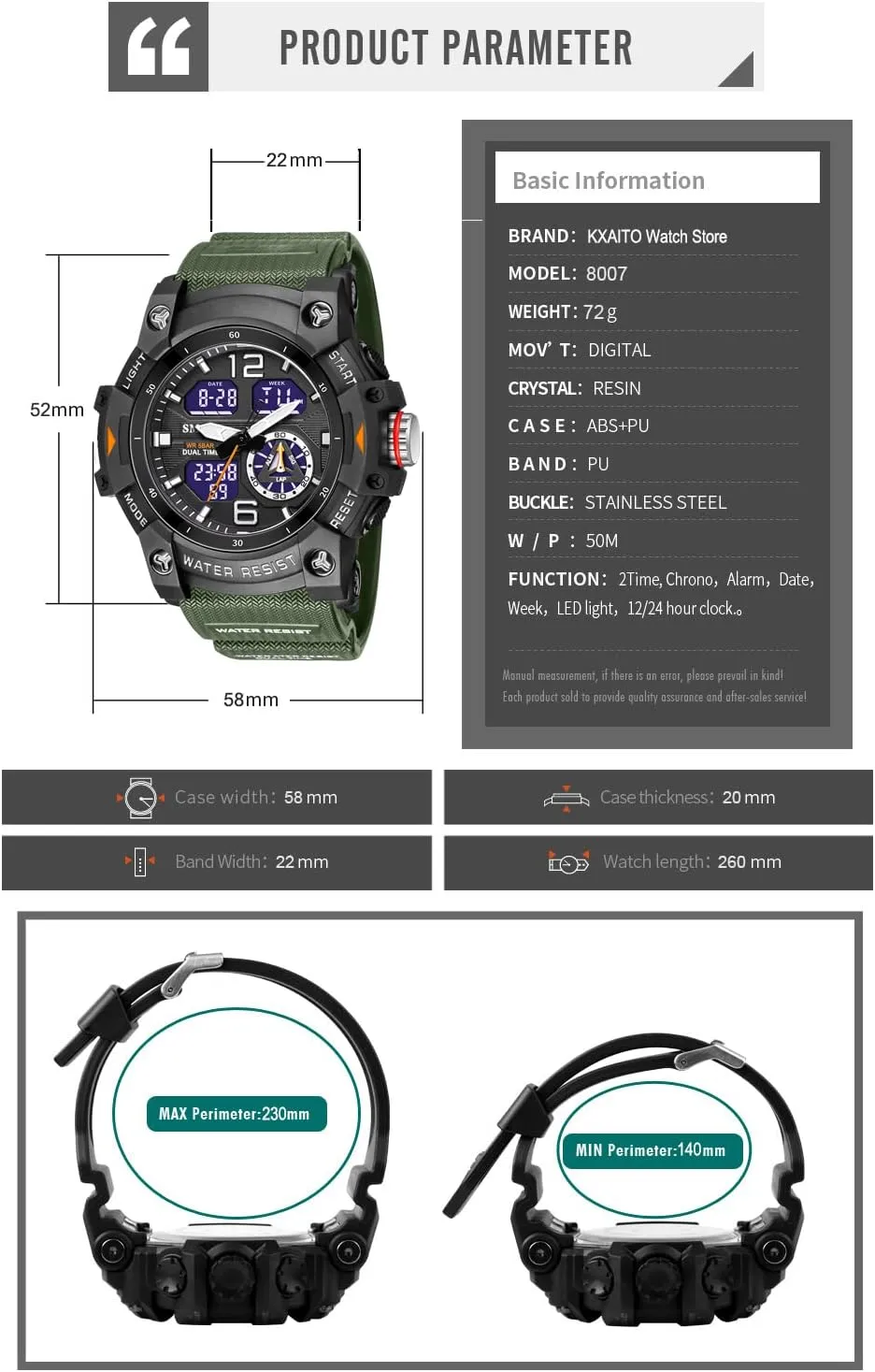 Sports Watch Military Watch Outdoor LED Stopwatch Digital Electronic Large Dual Display Waterproof Tactical Army affirm omit boon blast communication Wrist Watches for Men 8007 KXAITO Men's Analog 