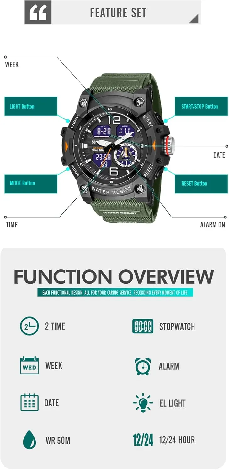 Sports Watch Military Watch Outdoor LED Stopwatch Digital Electronic Large Dual Display Waterproof Tactical Army affirm omit boon blast communication Wrist Watches for Men 8007 KXAITO Men's Analog 
