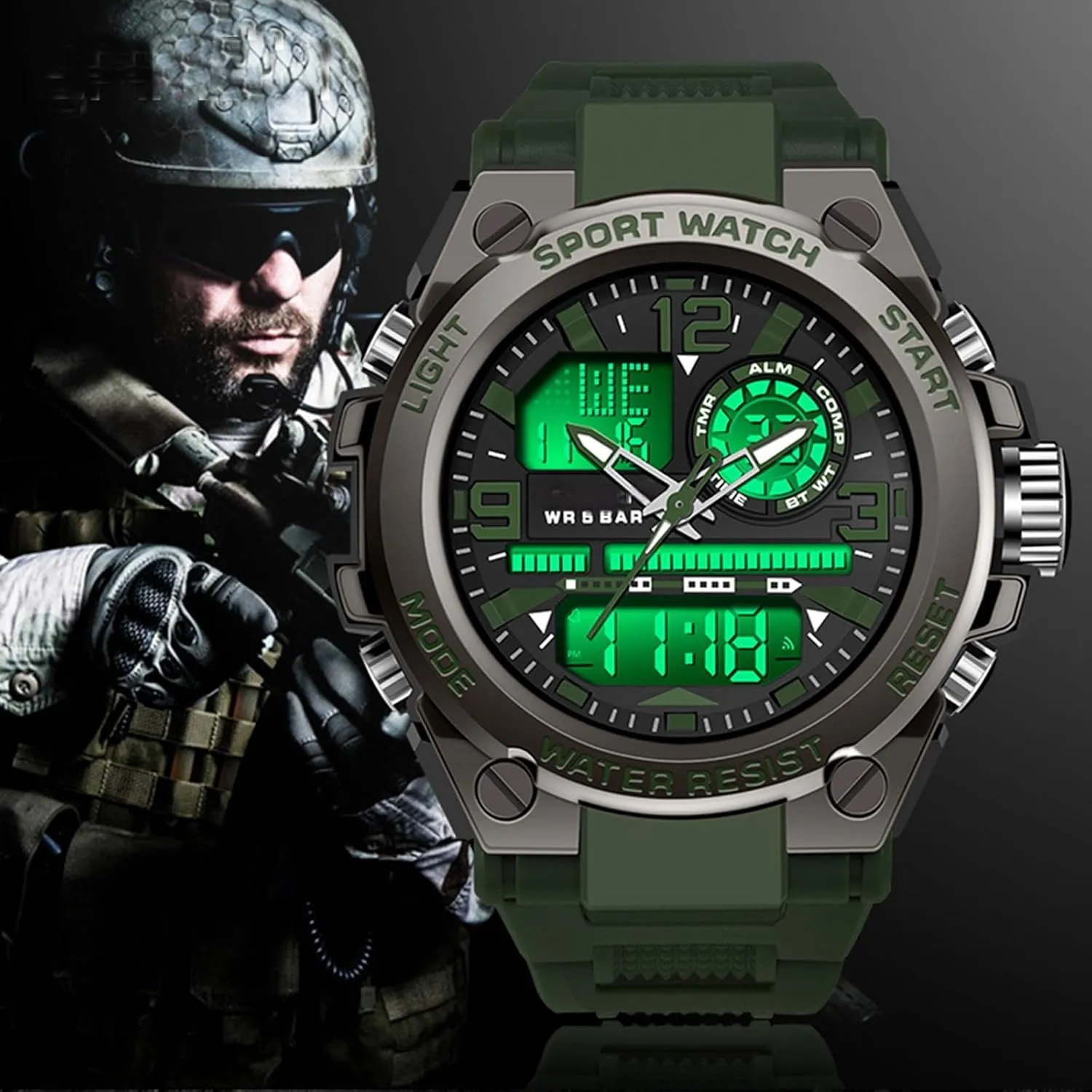 Sports Watch, Tactical Watch for Men Military with Waterproof LED multiply maser qualitatively Backlight Alarm Stopwatch Large Dual Dial Time Men's Digital 