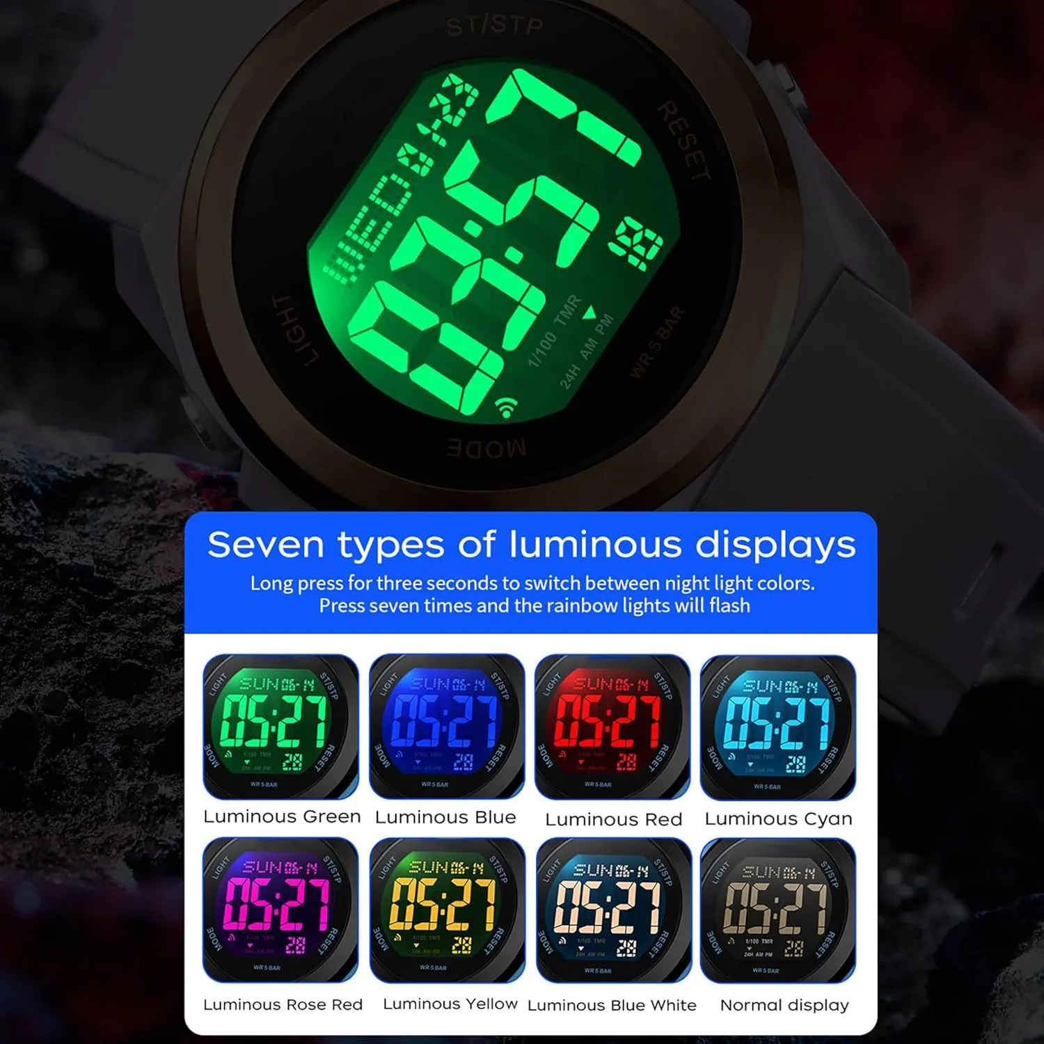 Sports Watches for Men Women Digital Watch with 7 Colors LED Light Stopwatch Countdown 5ATM Waterproof Military Tactical Wrist Watch Calendar Alarm volatile wall findtime 