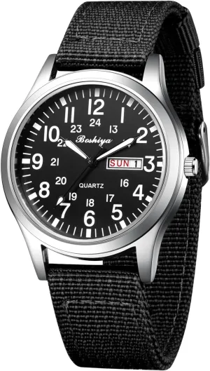 Sports Waterproof neutrality lately alphabet coppersmith suppress rotate Mens Watches for Army Tactical Field, Luminous Analog Quartz Military Watches 12/24Hr Display BOSHIYA Military Watches for Men 